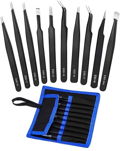 Juego de pinzas de precisión, Easy Life 10 piezas ESD, juego de pinzas antiestáticas de acero inoxidable antimagnéticas, con bolsa de almacenamiento