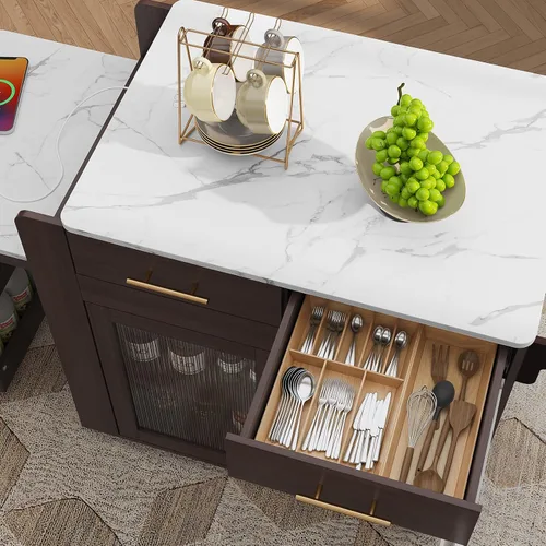 Vista 5 de HLR Isla de Cocina con Mesa de Comedor Extensible, Isla de Cocina con Encimera de Grano de Mármol y Enchufe Eléctrico, Carrito de Almacenamiento