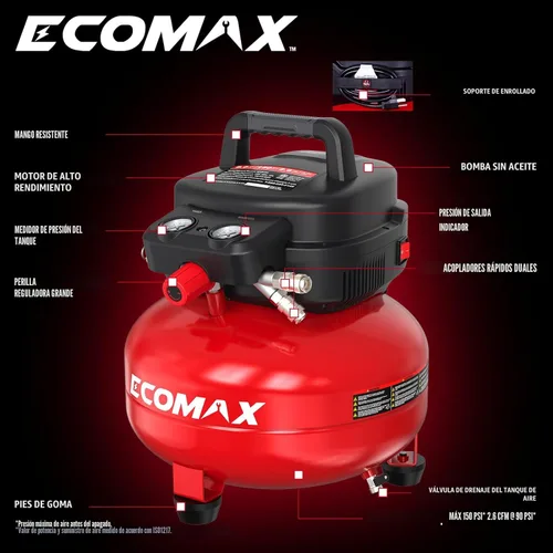 Vista 2 de ECOMAX Compresor de aire 6 galones 150 PSI portátil redondo libre de aceite con kit de accesorios de 10 piezas