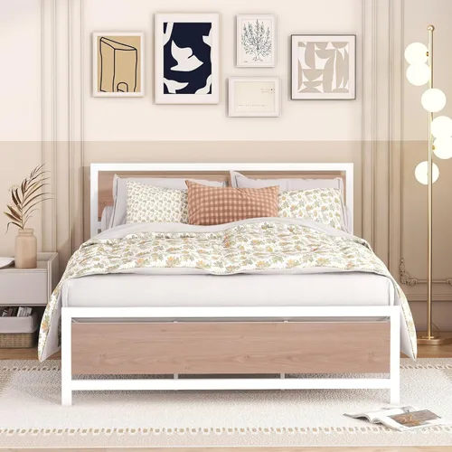 Vista 9 de Base de cama de plataforma tamaño Queen con cabecera de madera rústica vintage, marco de cama resistente con almacenamiento, no necesita somier