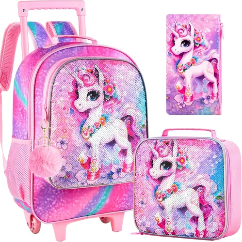 Vista 18 de Mochila rodante para niñas y niños, juego de 3 piezas con ruedas de diseño de unicornio o dinosaurio Dinosaurio astronauta.