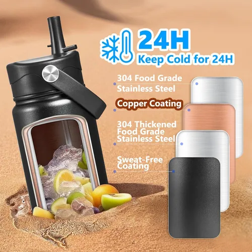 Vista 2 de Botella de agua aislada con tapa, bota y calcomanías, botella de acero inoxidable de 24 onzas, sin sudor, mantiene el frío las 24 horas, botella