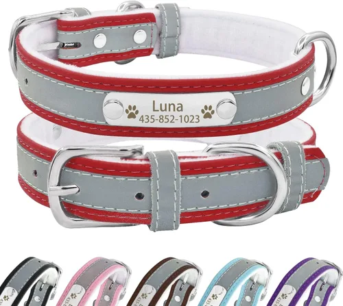 Vista 10 de Collar de perro de cuero reflectante personalizado con forro cálido, collar de perro personalizado con placa de nombre grabada para perros y gatos