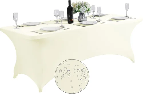 Vista 42 de SuperO - Paquete de 2 manteles de elastano impermeables para mesas de 6 pies, mantel elástico universal ajustable para fiestas, banquetes, bodas