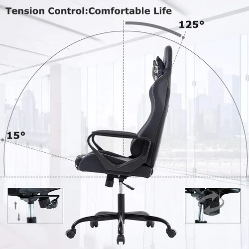 Vista 60 de Silla ergonómica para videojuegos, silla de juegos con reposacabezas, silla de computadora de oficina con ruedas y soporte lumbar, silla