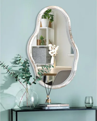 Vista 8 de Espejo con marco de madera irregular para pared, moderno, asimétrico, único, espejo de pared para colgar, espejo artístico ondulado, decoración