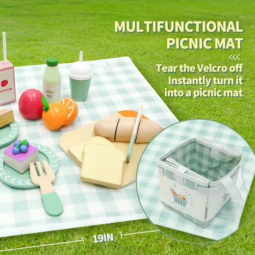 Vista 2 de Juego de picnic – Comida de madera para jugar – Juegos de comida para niños – Comida de simulación, comida de juguete con bolsa de almacenamiento