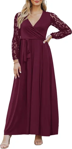 Runwind Elegante vestido largo para mujer, cuello en V, encaje de manga larga, vestidos de dama de honor con cinturón