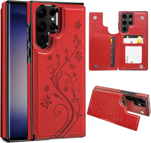 Vista 22 de Korecase Funda de teléfono tipo cartera para Samsung Galaxy S23 con tarjetero, funda de cuero PU floral mariposa - Azul