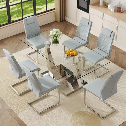 Vista 17 de Juego de mesa de comedor de cristal para 6, juego de mesa de cocina moderno para 6, mesa de vidrio templado de 71 pulgadas con base dorada