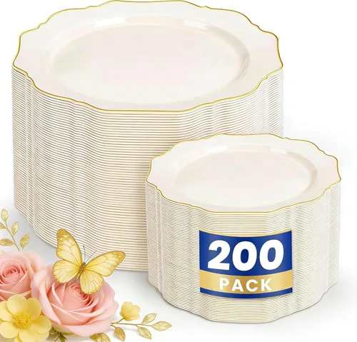 Vista 12 de WDF 100 piezas de platos de plástico azul - Platos desechables azul claro - Platos de plástico con borde festoneado resistente