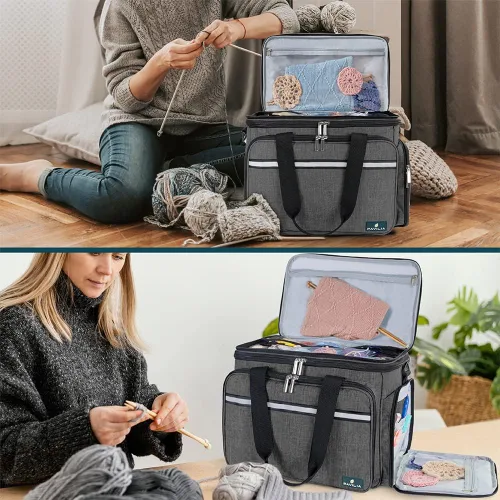 Vista 7 de PAVILIA Bolsa de tejer Bolsa de almacenamiento de hilo, Bolsa organizadora de ganchillo grande, Soporte de almacenamiento de hilo para tejer