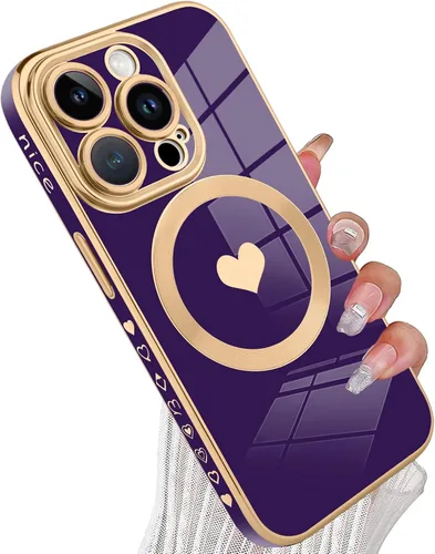 Vista 21 de tharlet Funda Magnética para iPhone 11 [Compatible con Magsafe] Lindo Corazón de Amor de Lujo Chapado Borde Dorado Parachoques con Lente de Cámara