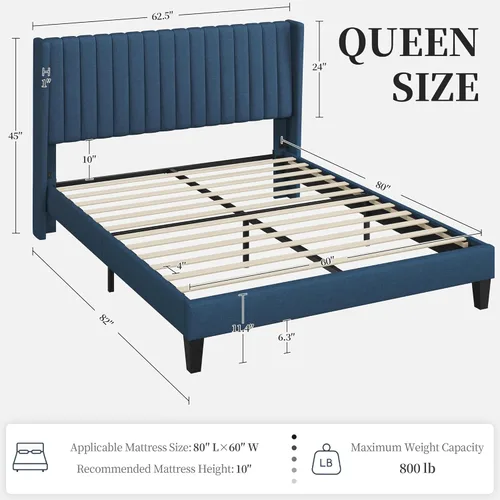 Vista 2 de Topeakmart Base de cama tapizada tamaño Queen con base de colchón/cabecera copetuda y soporte de listones de madera, no necesita somier