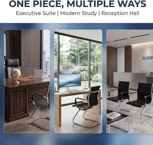 Vista 7 de Sillas de recepción, sin ruedas, silla de conferencia, de cuero, resistente, soporte para la espalda, silla de invitados de oficina, juego de 2 Negro