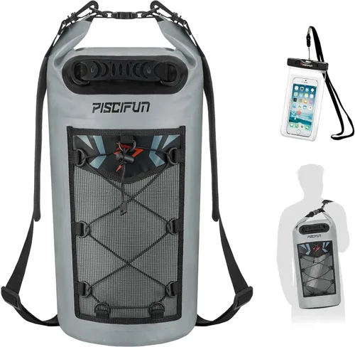 Vista 23 de Piscifun Bolsa seca, mochila flotante impermeable 10L/20L/30L/40L con funda impermeable para teléfono para navegación, kayak, pesca
