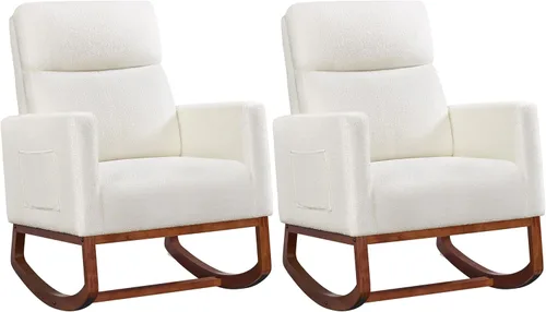 Vista 10 de Yaheetech Mecedora tapizada para cuarto de bebé, con patas de madera de goma, bolsillo lateral, sillón con respaldo alto para sala de estar, Beige