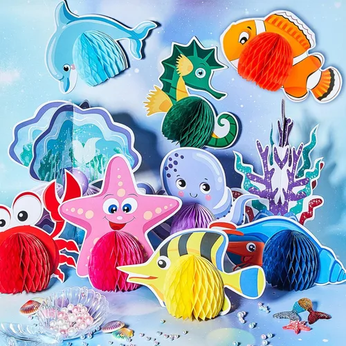 Vista 5 de WILLBOND Centro de mesa de panal bajo el mar, 12 piezas con temática del océano, decoración de mesa de fiesta con animales del océano, criatura