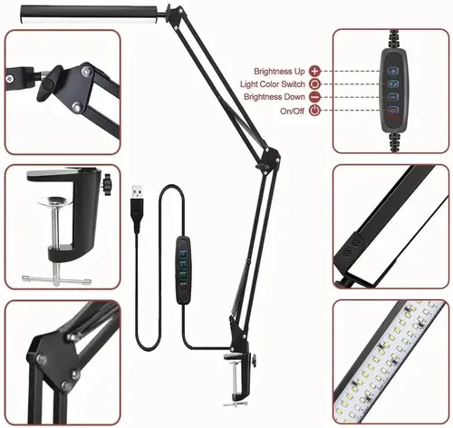 Vista 7 de HDView Lámpara de escritorio LED con 3 modos de cuidado de los ojos, 10 brillo; lámpara flexible larga y ajustable con brazo oscilante