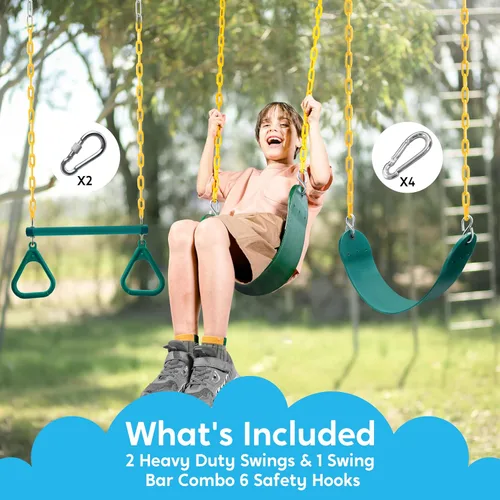 Vista 2 de TURFEE Juego de 3 columpios surtidos, incluye 1 barra de trapecio de anillos de gimnasio y 2 columpios con cadena recubierta de plástico, accesorios