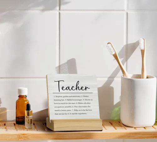 Vista 5 de QASHWEY Letrero de madera para decoración de escritorio con definición de maestro, regalos de agradecimiento para profesores, placa de madera