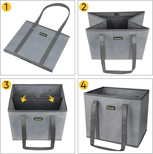 Vista 7 de BALEINE Paquete de 3 bolsas de comestibles reutilizables, bolsas de compras plegables para comestibles con parte inferior reforzada y asas (gris)