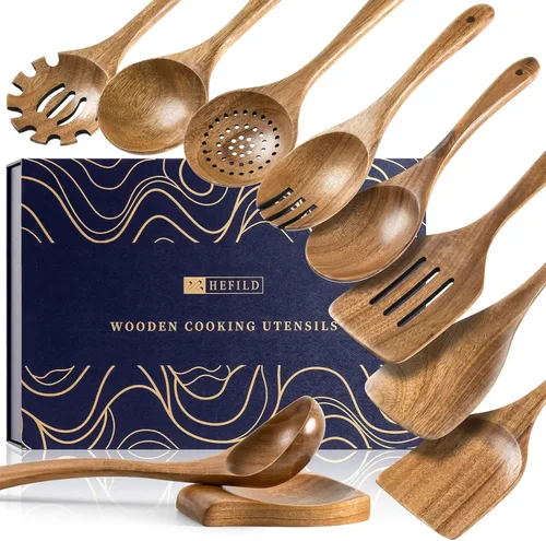 Vista 7 de cucharas de madera para cocinar, juego de utensilios de cocina antiadherentes con 10 piezas de espátulas y cucharas de madera de acacia