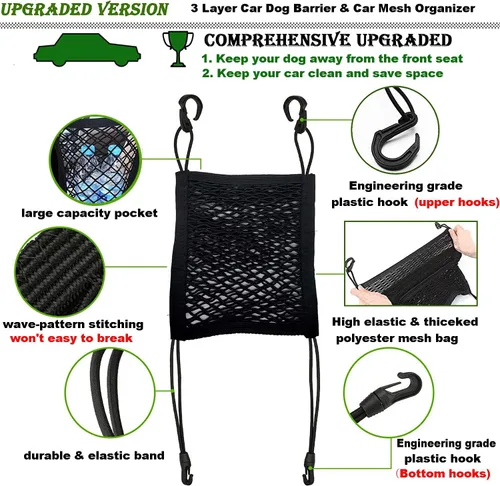 Vista 5 de DYKESON Barrera de red para perros con organizador de malla de seguridad automática, bolsa de almacenamiento elástica universal para automóviles