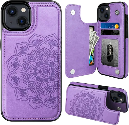 Vista 15 de MMHUO para iPhone 14 Funda con Tarjetero, Funda Flip Magnética con Flores en la Parte Posterior para Cartera de iPhone 14 para Mujeres, Funda Azul