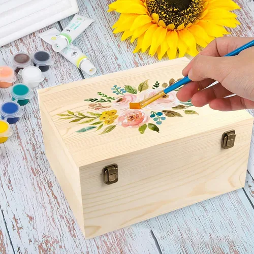 Vista 6 de Caja de madera sin terminar, cajas de madera natural de 12 x 9 x 5 pulgadas, caja grande de madera con tapa con bisagras y cierre frontal, cajas