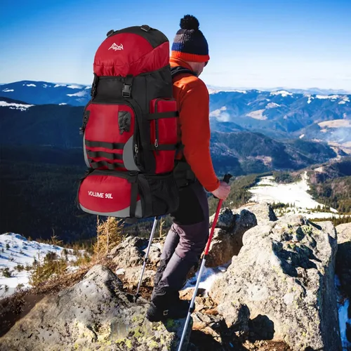 Vista 2 de Mochila de senderismo grande de 90L con cubierta de lluvia, mochila militar Molle impermeable, Rojo