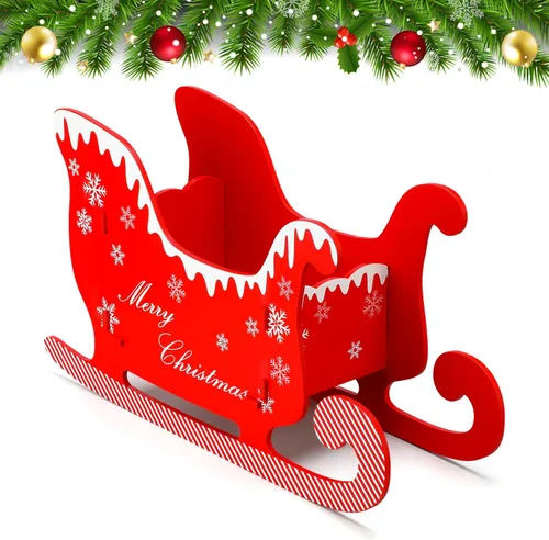 Christmas Santa Sleigh Indoor Decorations Red Wooden Sled Christmas Tree Decor Photo Booth Props Kit Table Top Xmas Decor for Pets Trailer Party