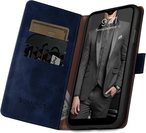 Vista 4 de SUANPOT Funda de piel tipo cartera para Samsung Galaxy A12 con bloqueo RFID, tarjetero para tarjetas de crédito, funda de teléfono con tapa a prueba