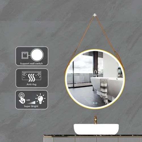 Vista 7 de Espejo LED de baño redondo de 28 pulgadas, espejo de baño con luces, 3 luces inteligentes, regulables, iluminado, espejo de baño montado