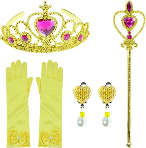 Vista 2 de Disfraz de princesa para niñas, fiesta de cumpleaños con accesorios (corona, varita, aretes, guantes)