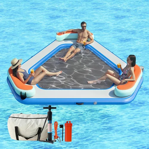 Vista 10 de SPECRAFT Hamaca inflable de agua de 12 pies, muelle flotante redondo con balsa inflable de malla, plataforma de anillo flotante con soporte