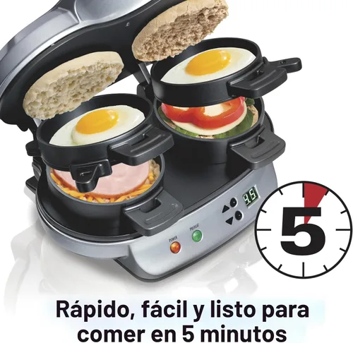 Vista 3 de Hamilton Beach Sandwichera de desayuno dual con temporizador, plata (25490A)