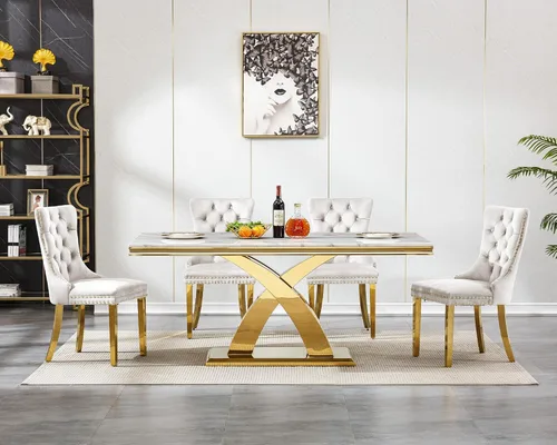 Vista 2 de Mesa de comedor de mármol blanco y dorado de 68.11 pulgadas con 4 sillas de comedor de terciopelo beige, juego de mesa de comedor de mármol