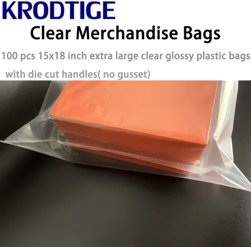 Vista 2 de Paquete de 100 bolsas de compras de plástico transparente de 15 x 18 pulgadas con asas, bolsas de plástico transparente para mercancía – Bolsas