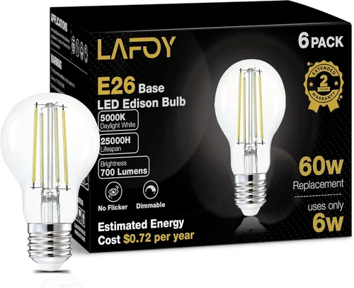 Vista 11 de Bombillas Lafoy A19 E26 ámbar 2200K de luz cálida suave, bombillas LED Edison vintage 60 vatios equivalentes, estilo antiguo ajustable de moda
