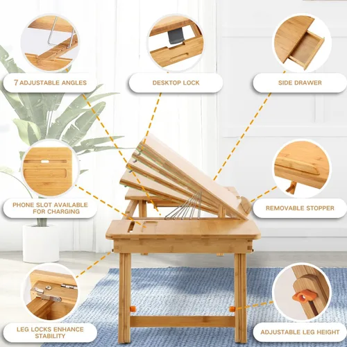Vista 4 de Nnewvante - Mesa de bambú para laptop, bandeja de regazo ajustable, bandeja para servir cama, mesa de desayuno, mesa de café plegable, 7 ángulos