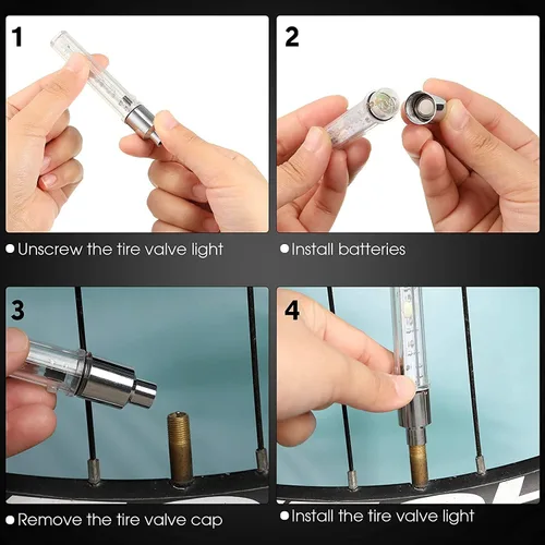 Vista 4 de 8 unids 5 LED bicicleta neumático neumático rueda válvula lámpara intermitente bicicleta rueda luz bicicleta tapa luces bicicleta radios luces noche