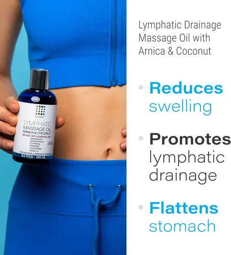 Vista 2 de Aceite de masaje de drenaje linfático con aceite de árnica y coco para recuperación poscirugía y masajeador de drenaje linfático, liposucción, 360