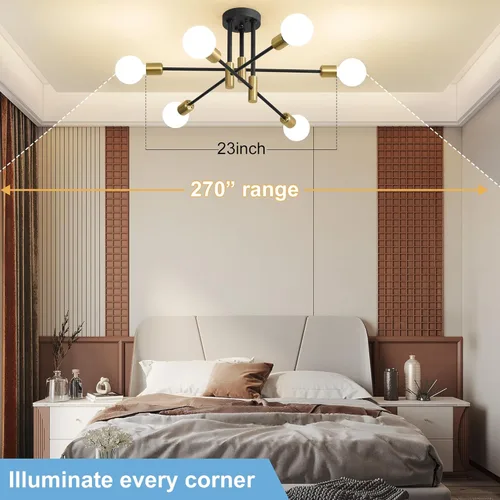 Vista 6 de Biewalk Lámpara de Araña Moderna Luminaria de Techo, Candelabros de Comedor Sputnik de 6 Luces de 31.18" Dorado y Negro sobre Mesa, Luminarias