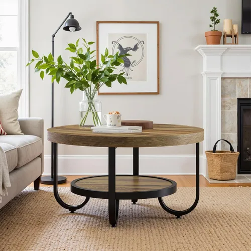 Vista 4 de Tribesigns Mesa auxiliar redonda, mesa central redonda de madera moderna de 2 niveles con estante de almacenamiento y marco de metal, mesa de cóctel
