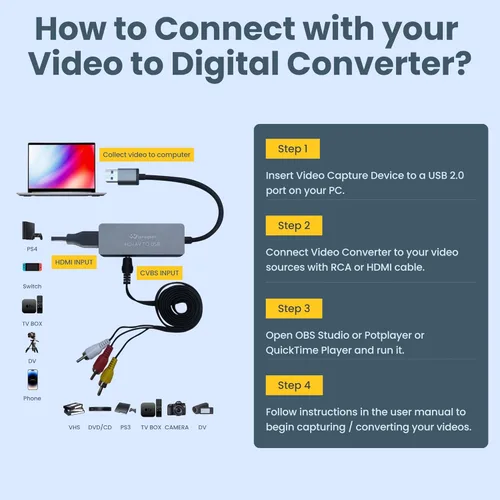 Vista 4 de Tarjeta de captura de video USB para VHS/HDMI/AV/RCA, convertidor de video analógico a digital, convertidor VHS a digital/USB/RCA, compatible