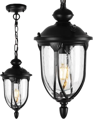 JYZ Farol Colgante Vintage para Exteriores de Anochecer a Amanecer, Lámpara Colgante Exterior Rústica de 15 Pulgadas con Vidrio Granulado