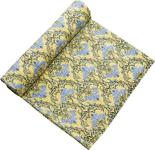 Vista 7 de Colcha Kantha de algodón puro hecho a mano con bloques indios y florales, tamaño individual/queen, colcha bohemia Kantha (verde claro, Queen)
