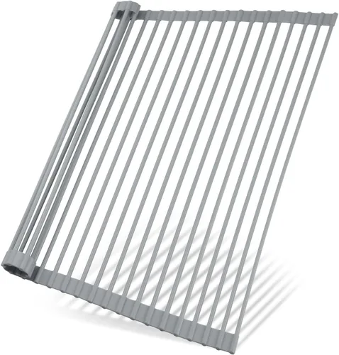 SAOSHYPEI Escurridor de platos enrollable, escurridor de platos antideslizante para encimera de cocina, acero recubierto de silicona, multiusos, Gris