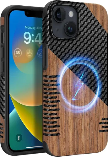Vista 8 de Funda magnética compatible con iPhone 11 [Compatible con MagSafe] Diseño híbrido de madera y cuero con fibra de carbono, funda protectora a prueba